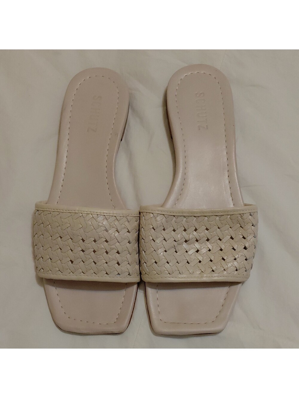 Schutz Women's Beige Woven Strap Leather Slide Sandals Casual Size 10 EUC #947